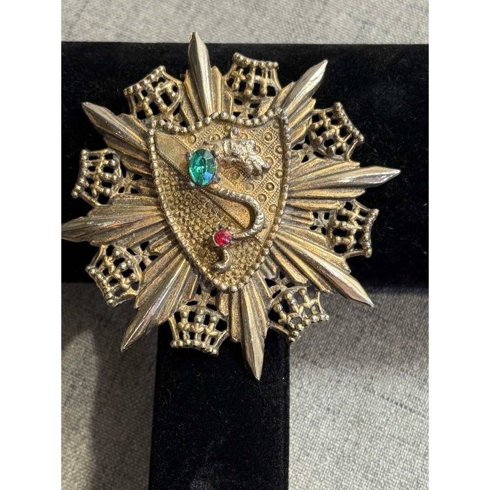 Vintage 3" Heraldic Shield Starburst Pendant with Green & Red Stones